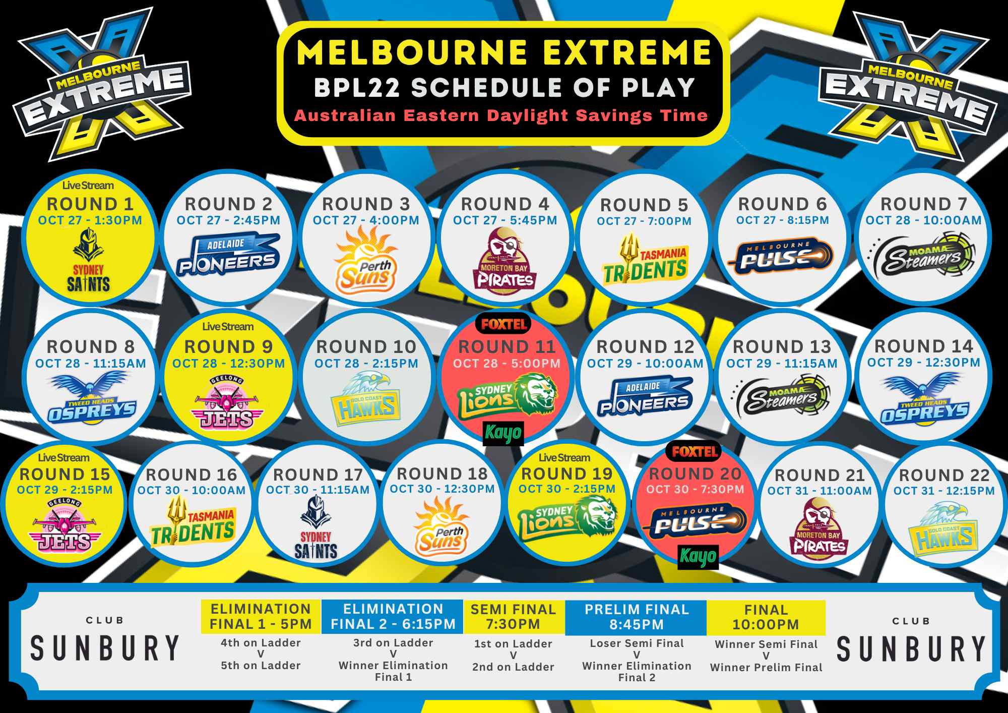 Melbourne Extreme SCHEDULE OF PLAY BPL22