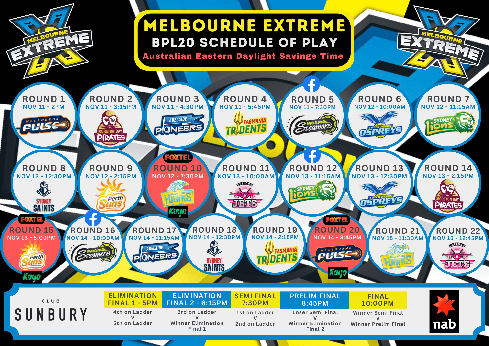 Melbourne Extreme SCHEDULE OF PLAY BPL20 1